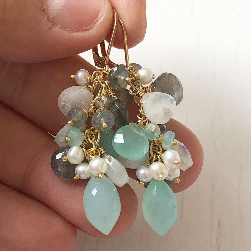 Chalcedony, Labradorite, Moonstone Earrings Gold